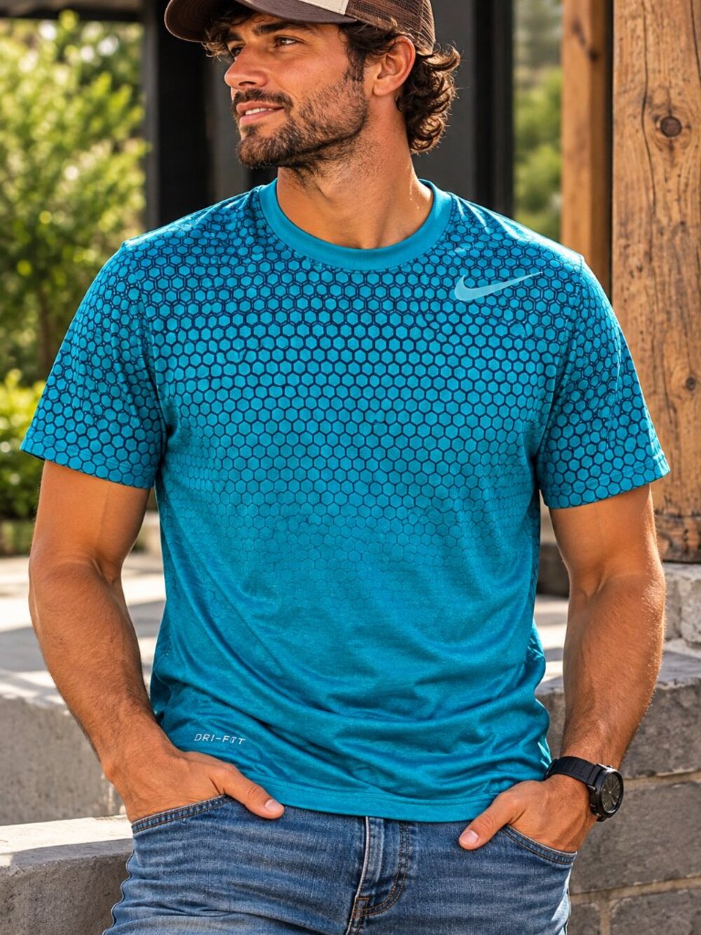 Nike Dri-FIT Mens S Teal Blue Hexagon Graphic Athletic Performance Shirt 114